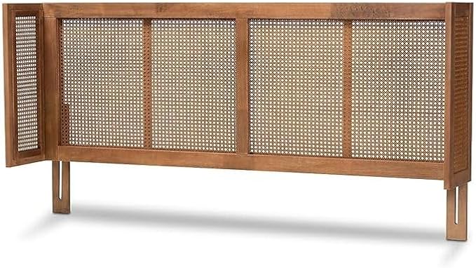 Eclectic Escape Mid-Century Modern Ash Wanut Finished Wood and Synthetic Rattan Wrap-Around Headboard King