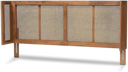 Eclectic Escape Mid-Century Modern Ash Wanut Finished Wood and Synthetic Rattan Wrap-Around Headboard King