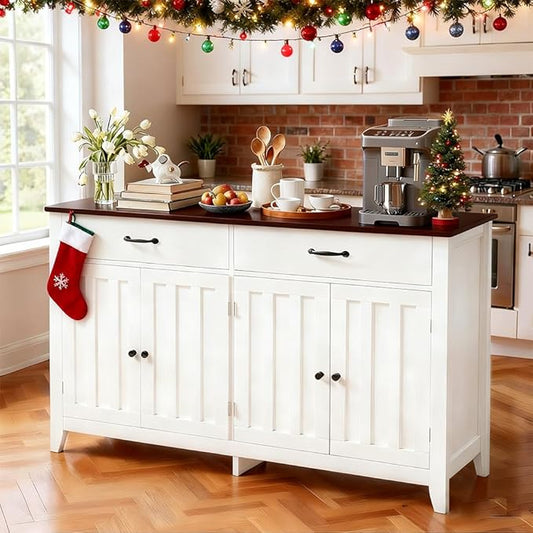Gizoon 55" Buffet Cabinet with Storage, Sideboard Buffet with Drawers and Doors, Kitchen Storage Cabinet, Kitchen Pantry Adjustable Shelf, Metal Handle, Anti-Dumping, R Angle, Retro