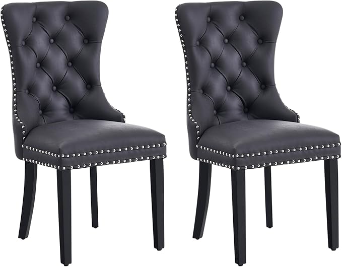 Leather Dining Chair Set of 2, Dining Room Chairs with Nailhead Ring Pull Trim, Upholstered Dining Chairs with Solid Wood Legs for Kitchen Dining Room (Black)