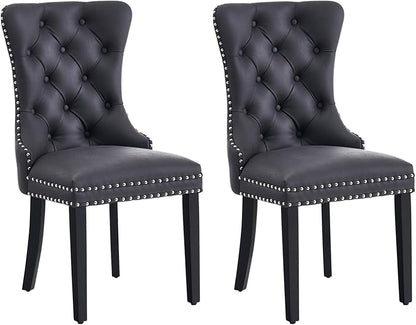 Leather Dining Chair Set of 2, Dining Room Chairs with Nailhead Ring Pull Trim, Upholstered Dining Chairs with Solid Wood Legs for Kitchen Dining Room (Black)