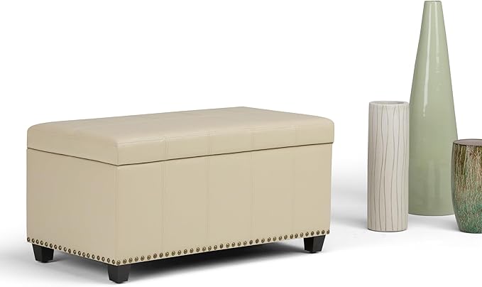 SIMPLIHOME Amelia 33 inch Wide Transitional Rectangle Storage Ottoman Bench in Satin Cream Vegan Faux Leather, Assembled, For the Living Room, Entryway and Family Room