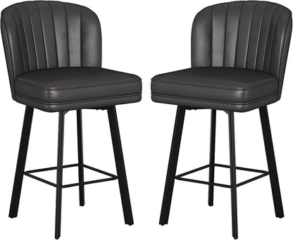 Swivel Counter Height Bar Stools Set of 2, 26'' Modern Barstools with Backs and Metal Legs, Upholstered Bar Chairs, Faux Leather Black Stools for Kitchen Island Chairs