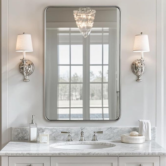 ANDY STAR Mirror for Bathroom, 24x36 Inch Brushed Nickel Bathroom Rectangle Mirror for Wall, Modern Rectangular Thick Tube Metal Frame for Vanity Over Sink, Explosion-Proof Film, Horizontal/Vertical
