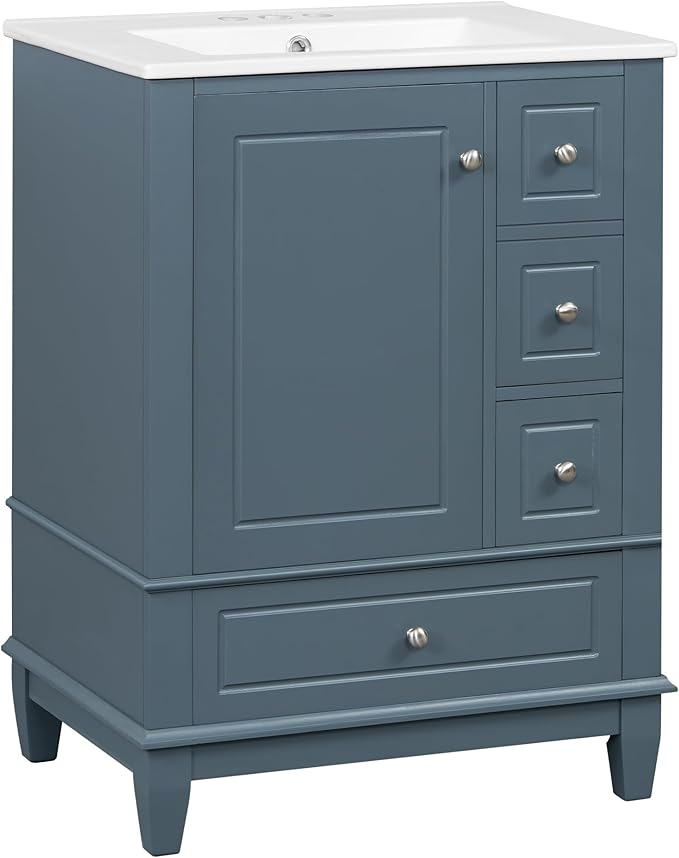 24 Inch Bathroom Vanity with Sink, Freestanding Bathroom Sink Cabinet with 3 Drawers and Storage Door Rack Organizer, Solid Wood Legs, Blue Gray
