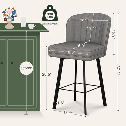 Swivel Counter Height Bar Stools Set of 6, 26'' Modern Barstools with Backs and Metal Legs, Upholstered Bar Chairs,Mid-Gray,Fabric Stools for Kitchen Island Chairs