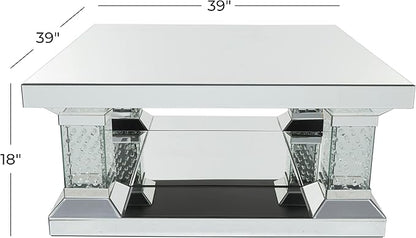 Deco 79 Wood Mirrored Coffee Table with Crystal Embellishments, 39" x 39" x 18", Silver