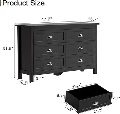 Black Dresser for Bedroom, Farmhouse 6 Drawer Double Dresser with Vintage Antique Handles, Modern Dressers and Chest of Drawers for Bedroom