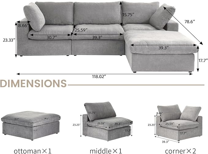 Cloud Couch Modular Sectional Sofa with Storage Ottoman,L Shaped Couch for Living Room,120.45inch Down Filled 4 Seater Convertible Sectional Sofas,Covers Washable&Replaceable (Grey)