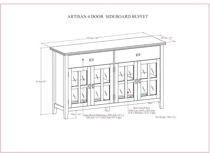 SIMPLIHOME Artisan Buffet - 60 inch Wide Solid Wood 4-Door Sideboard Buffet in Russet Brown, Transitional Storage Cabinet for Dining Room or Kitchen with Adjustable Shelves and Square Knobs