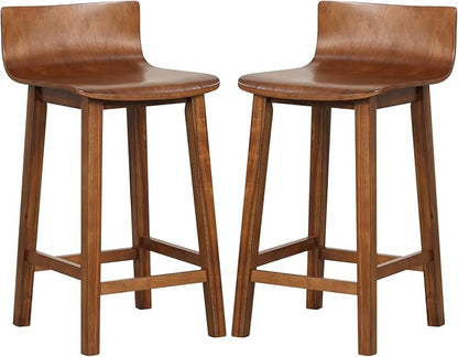COSTWAY Solid Wood Bar Stools Set of 2, 24.5-inch Counter Height Chairs with Low Back and Footrest, Farmhouse Wooden Armless barstools for Kitchen Island, Dining Room, Cafe, Breakfast, Brown