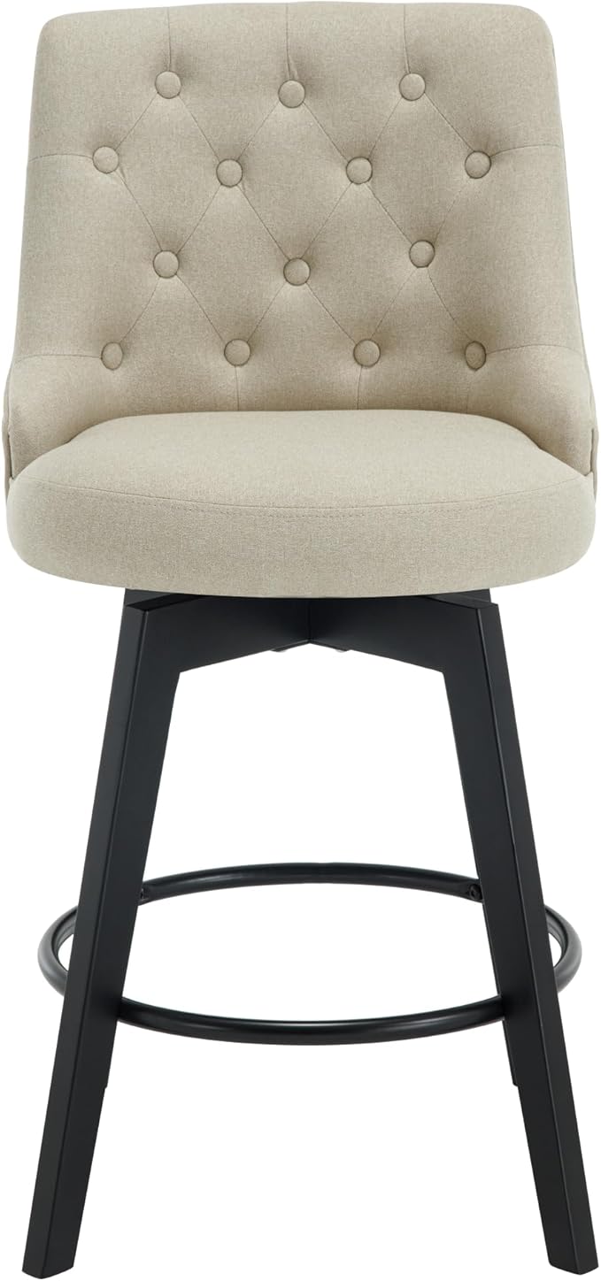 MINCETA Set of 4 Upholstered Bar Stools - 26 Inch Swivel Counter Height Stools with Low Tufted Back, Footrest & Performance Fabric - Khaki Round Seat for Kitchen Island & Home Bar