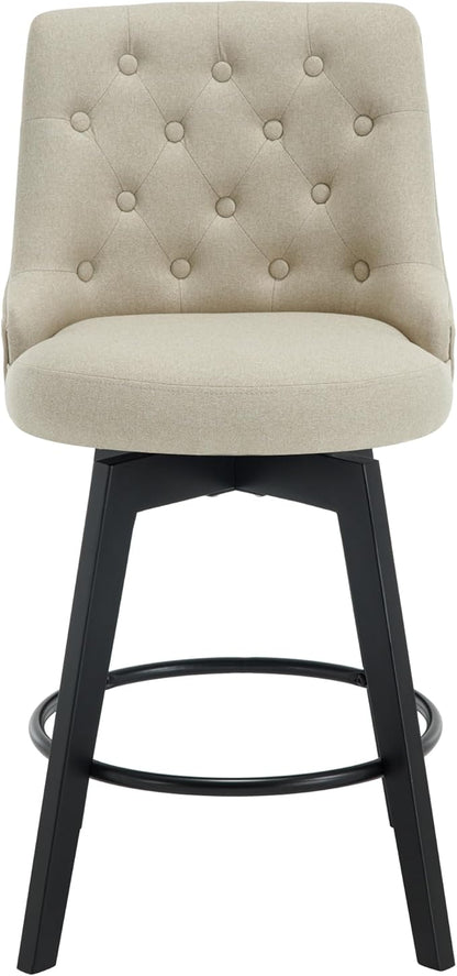 MINCETA Set of 2 Upholstered Bar Stools - 26 Inch Swivel Counter Height Stools with Low Tufted Back, Footrest & Performance Fabric - Khaki Round Seat for Kitchen Island & Home Bar