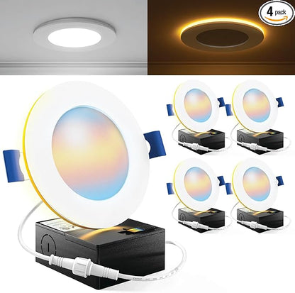 Sunco 4 Inch LED Recessed Lights with Night Light, Slim Ceiling Lighting, 900 LM, 11W (110W Equiv), Selectable CCT 2700K/3000K/3500K/4000K/5000K, Dimmable, Canless with Junction Box ETL 4 Pack.