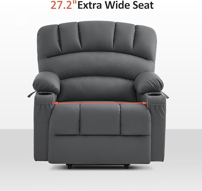 MCombo Power Lift Recliner Chair for Elderly, Lift Chair with Heat and Massage, Extra Wide Lift Recliner for Big People, Faux Leather R7096 (Medium-Wide, Grey)