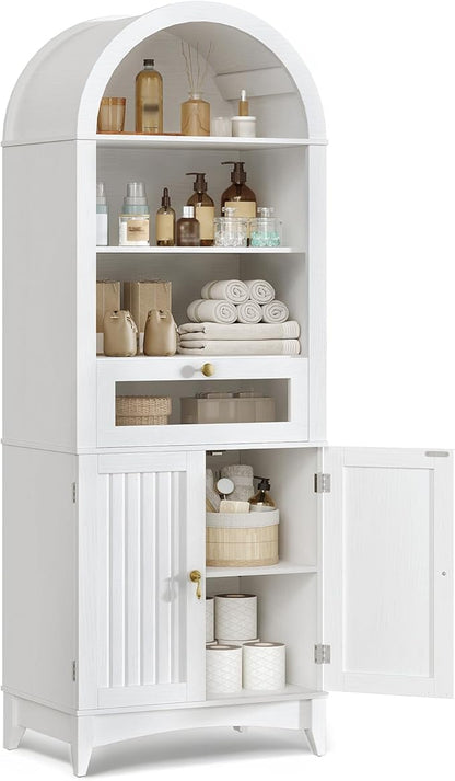 66" Tall Bathroom Storage Cabinet with Flip Drawer, Freestanding Storage Cabinet with Doors & Shelves,Arched Cabinets for Bathroom, Living Room, Kitchen, Laundry, White