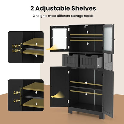 LOKO Bathroom Floor Cabinet, Storage Organizer with Glass Doors, Wooden Kitchen Cupboard with Adjustable Shelf for Living Room (Floor Cabinet with 2 Additional Drawers, Black)
