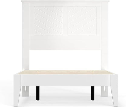 Serene Farmhouse Style Wood Bed in Twin Size with Chevron Scoring Headboard, Coastal Modern Design, Sturdy, Easy Assembly, Ample Underbed Storage, White Finish