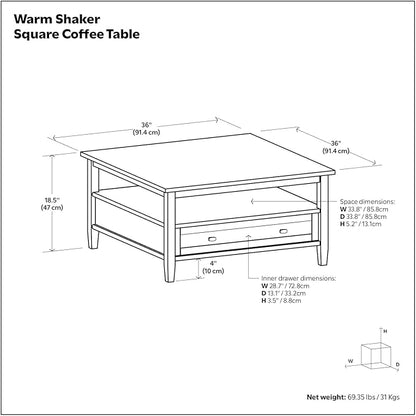 SIMPLIHOME Warm Shaker Square Coffee Table - 36 inch Wide Solid Wood Cocktail Table in Tobacco Brown, Transitional Living Room Table with Large Storage Drawer and Open Shelf for Sitting Area