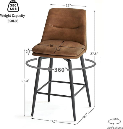 Coffee Counter Height Bar Stools Set of 2, 26 Inch Seat Height with Back and Metal Legs, 360° Swivel Upholstered Faux Leather Swivel Bar Stools