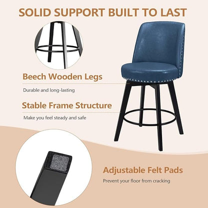 MINCETA Bar Stools Set of 2, PU Leather Barstools, 26 Inch Upholstered Counter Stools with High Back and Footrest, Swivel Counter Height Barstools for Kitchen Island Home Bar Navy Blue