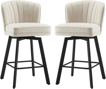 Swivel Counter Height Bar Stools Set of 2, 26'' Modern Barstools with Backs and Metal Legs, Upholstered Bar Chairs, Beige, Fabric Stools for Kitchen Island Chairs