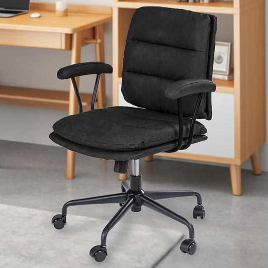 Black PU Leather Office Chair with Wheels, Adjustable Swivel Chair for Home and Office, Lumbar Support, Removable Armrests, Small Spaces