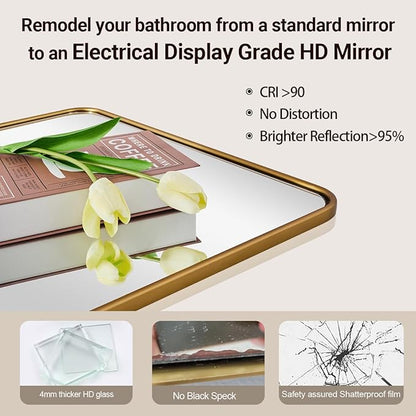 ANDY STAR Bathroom Mirror for Wall, 30x40 Inch Gold Rectangle Mirror for Bathroom with Rounded Corner, Modern Brushed Brass Vanity Rectangular Mirrors with Tube Metal Frame, Wall Mounted