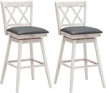 COSTWAY Bar Stool Set of 2, 360° Swivel Bar Height 29.5 inch Bar Stool with Foot Rest Upholstered Cushion & Ergonomic Backrest, Sturdy Frame, for Pub, Restaurant, Home (2, Antique White+ Grey)