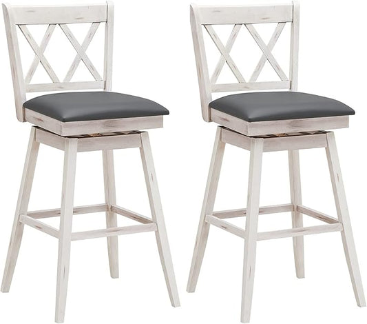 COSTWAY Bar Stool Set of 2, 360° Swivel Bar Height 29.5 inch Bar Stool with Foot Rest Upholstered Cushion & Ergonomic Backrest, Sturdy Frame, for Pub, Restaurant, Home (2, Antique White+ Grey)