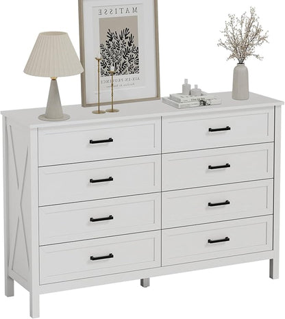 LYNSOM Farmhouse 8 Drawer Dresser for Bedroom, 55 Inch Wide Wood Rustic Chest of Drawers with X-Marking & Bar Handle, Large Storage Dressers Organizer for Bedroom, Hallway, White