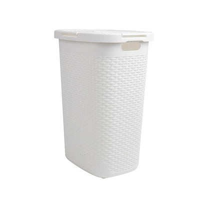 Mind Reader Slim Laundry Hamper with Lid, 60L Clothes Basket, Premium Wicker Design, Plastic, White
