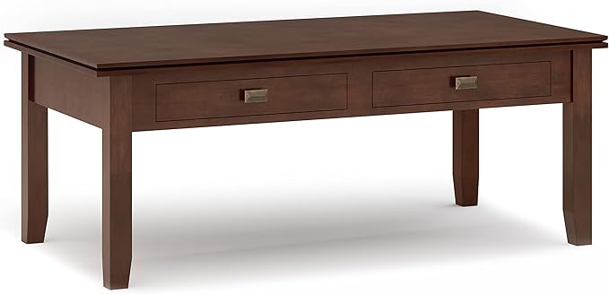 SIMPLIHOME Artisan Coffee Lift Top Table - 46 inch Wide Solid Wood Contemporary Cocktail Table in Russet Brown, Living Room with Hidden Storage Compartment, Open Shelf, and Square Knobs