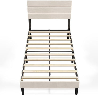 WLIVE Twin Size Upholstered Bed Frame, Velvet Square Tufted Headboard,Sturdy Metal & Wooden Slats Support, No Box Spring Needed, Light Grey