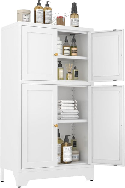 Metal Bathroom Storage Cabinet, Freestanding Pantry Floor Cabinet with 4 Doors and 2 Adjustable Shelves for Living Room, Dining Room, Kitchen (White, 43.3" H-4 Doors)