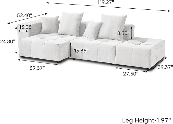 WJShome Modern Modular Sofa with Ottoman,119" L Shaped Sectional Couch, Linen Deep Loveseat with Pillows Couches for Living Room, Bedroom and Apartment,White
