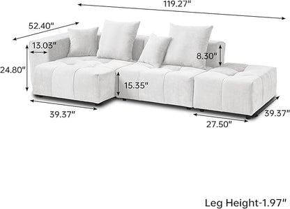 WJShome Modern Modular Sofa with Ottoman,119" L Shaped Sectional Couch, Linen Deep Loveseat with Pillows Couches for Living Room, Bedroom and Apartment,White