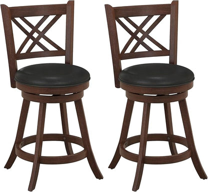 COSTWAY Bar Stool Set of 2 for Kitchen Island, Swivel Upholstered Counter Height Barstools with PU Surface, Rubber Wood Frame, 360° Rotatable Seat, Curved Back, Sturdy Footrest (2, 24" Seat Height)