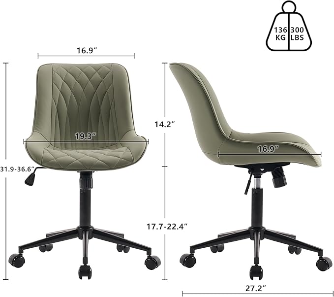 YOUNIKE Olive Green Comfy Home Office Desk Chair Small Vanity Chair with Wheels Swivel Adjustable Modern Task Chair with High Back Armless Cute Faux Leather Upholstered Rolling Sewing Chair Compact