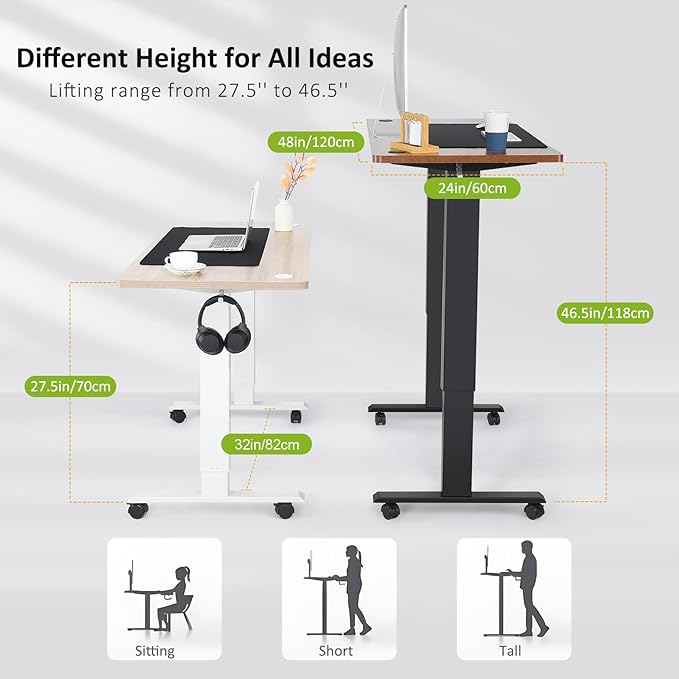 farexon Electric Standing Desk Adjustable Height, 48x24 Inches Stand Up Desk with 4 Preset Heights, Lockable Casters, Double Hooks,27.5''-46.5'' Lifting Range Home Office Computer Desk（White）
