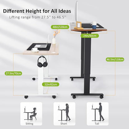farexon Electric Standing Desk Adjustable Height, 48x24 Inches Stand Up Desk with 4 Preset Heights, Lockable Casters, Double Hooks,27.5''-46.5'' Lifting Range Home Office Computer Desk（White）