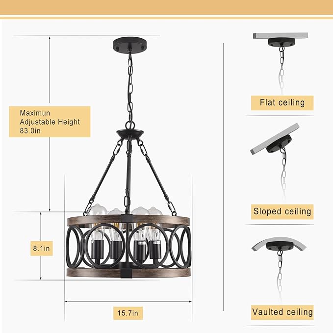 Light Fixtures Ceiling Mount Kitchen, 4 Light Black Semi Flush Mount Ceiling Light Fixture,Modern Dining Room Chandelier Over Table,Vintage Farmhouse Chandelier for Dining Room