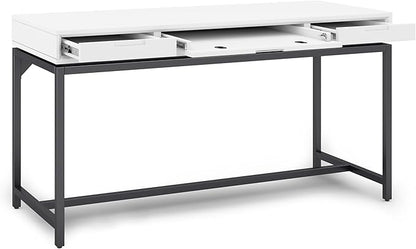 SIMPLIHOME Banting Desk - 60-Inch Wide Solid Hardwood and Metal Writing Desk in White, Modern Industrial Home Office Computer Table for Study with 2 Drawers and Flip-Down Keyboard Tray
