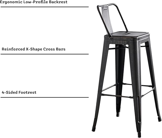 AC Pacific 30” Metal Barstool Set of 2 – Country Rustic Style with Low Back, Lightweight & Sturdy Build, Easy Assembly – Distressed Black