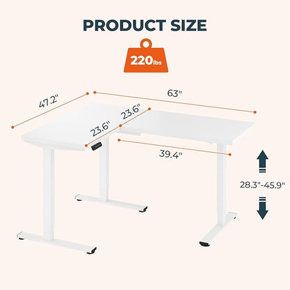 L-Shaped Standing Desk, 63 x 47 Inches Height Adjustable Desk with Storage, Sit and Stand up for Work Office Home, Ergonomic Rising Computer Table for Home Office with Splice Board, White