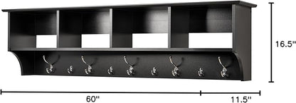 Prepac 60" Contemporary Wall Mounted Coat Rack, Coat Hooks Wall Mount with 4 Shelves, Ideal for Hallway or Entryway Storage Solution, 11.5"D x 60"W x 16.5"H, Black
