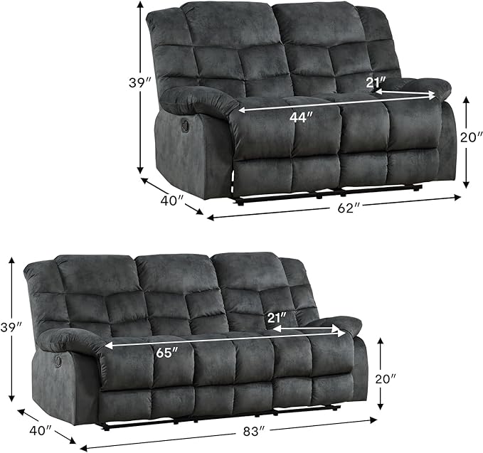 CANMOV Manual Recliner Sofa Set,2 Pieces Sofa Furniture Set for Living Room, Manual Reclining Loveseat and Recliner Sofa with Overstuffed Arms for Living Room, Bedroom, Grey(2+3)