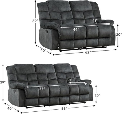 CANMOV Manual Recliner Sofa Set,2 Pieces Sofa Furniture Set for Living Room, Manual Reclining Loveseat and Recliner Sofa with Overstuffed Arms for Living Room, Bedroom, Grey(2+3)