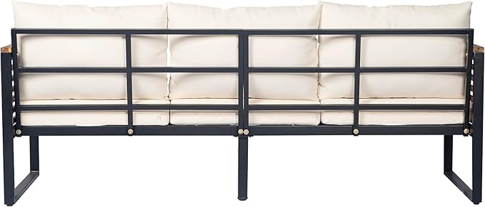Christopher Knight Home Alvin 3-Piece Acacia Wood Metal Patio Furniture Set, Outdoor Sectional Conversation Sofa Chat Set with Coffee Table and Ottoman for Backyard or Balcony, Teak+Beige+Black