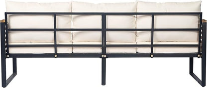 Christopher Knight Home Alvin 3-Piece Acacia Wood Metal Patio Furniture Set, Outdoor Sectional Conversation Sofa Chat Set with Coffee Table and Ottoman for Backyard or Balcony, Teak+Beige+Black